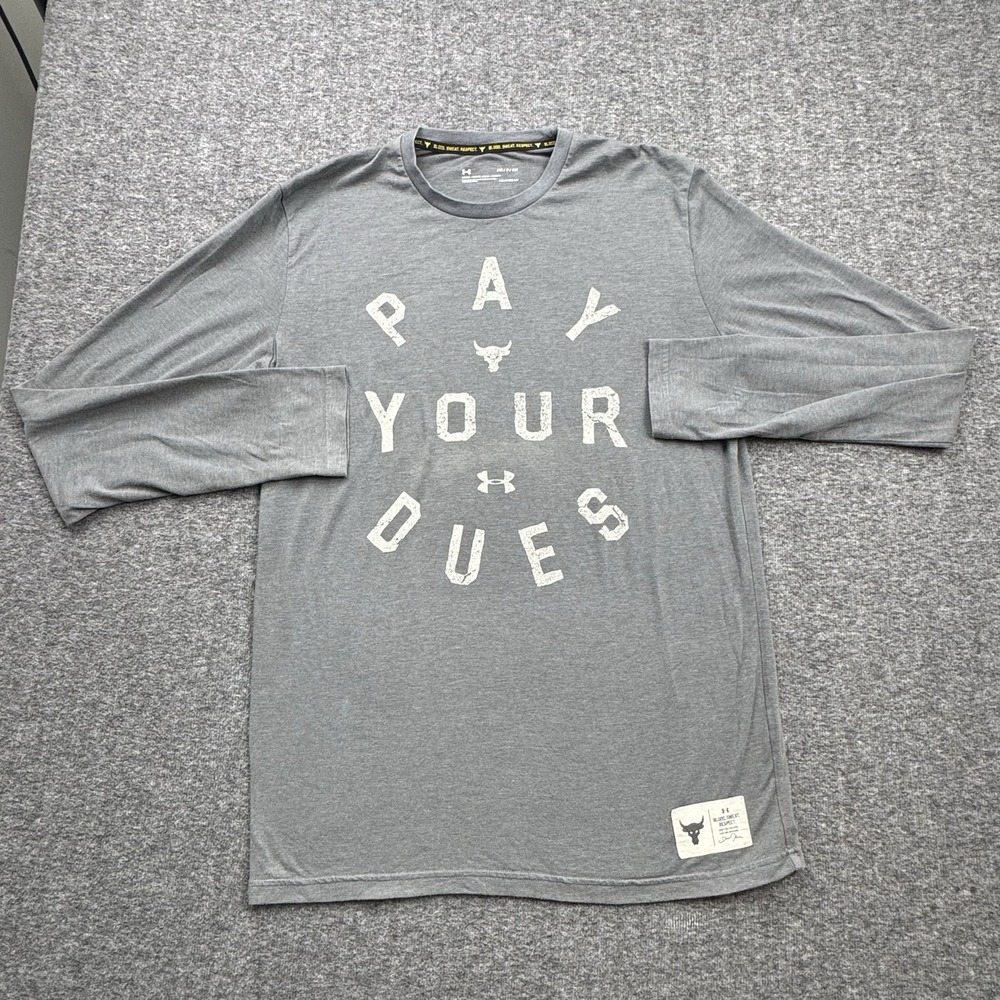 Under Armour Project Rock Shirt‎ Mens S Gray Heatgear Pay Your Dues Long Sleeve